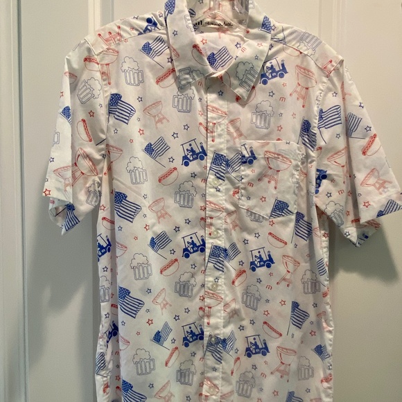 Travis Mathew Short Sleeve Button Down, Independence Day Print, Sz Med - Picture 1 of 3